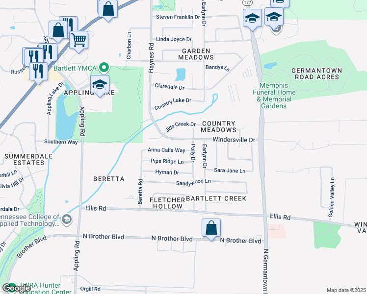 map of restaurants, bars, coffee shops, grocery stores, and more near 7918 Anna Calla Way in Bartlett