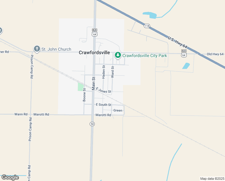 map of restaurants, bars, coffee shops, grocery stores, and more near 304 West Jones Street in Crawfordsville
