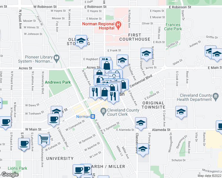 map of restaurants, bars, coffee shops, grocery stores, and more near 322 East Gray Street in Norman