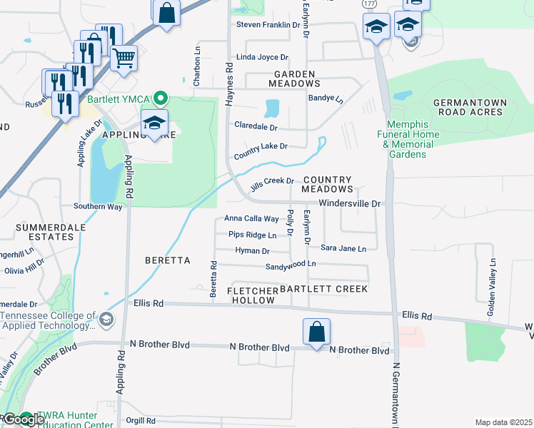 map of restaurants, bars, coffee shops, grocery stores, and more near 7918 Anna Calla Way in Bartlett