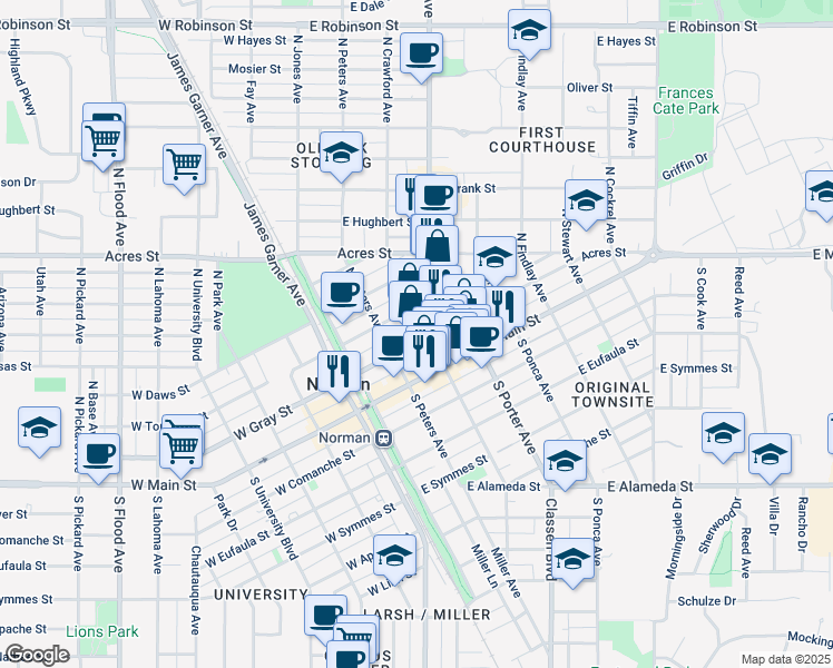 map of restaurants, bars, coffee shops, grocery stores, and more near 225 East Gray Street in Norman