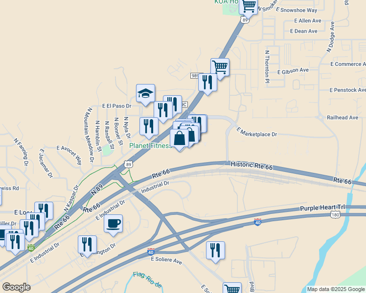 map of restaurants, bars, coffee shops, grocery stores, and more near 1824 Thompson Street in Flagstaff