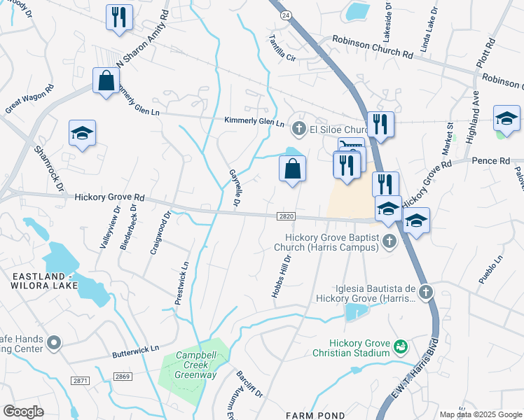 map of restaurants, bars, coffee shops, grocery stores, and more near 4536 Marthas Ridge Drive in Charlotte