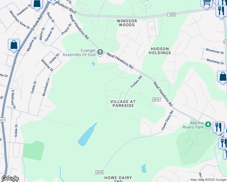 map of restaurants, bars, coffee shops, grocery stores, and more near 725 Inwood Hill Drive in Gastonia