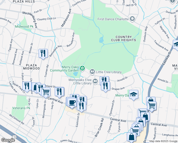 map of restaurants, bars, coffee shops, grocery stores, and more near 3027 Harbinger Court in Charlotte