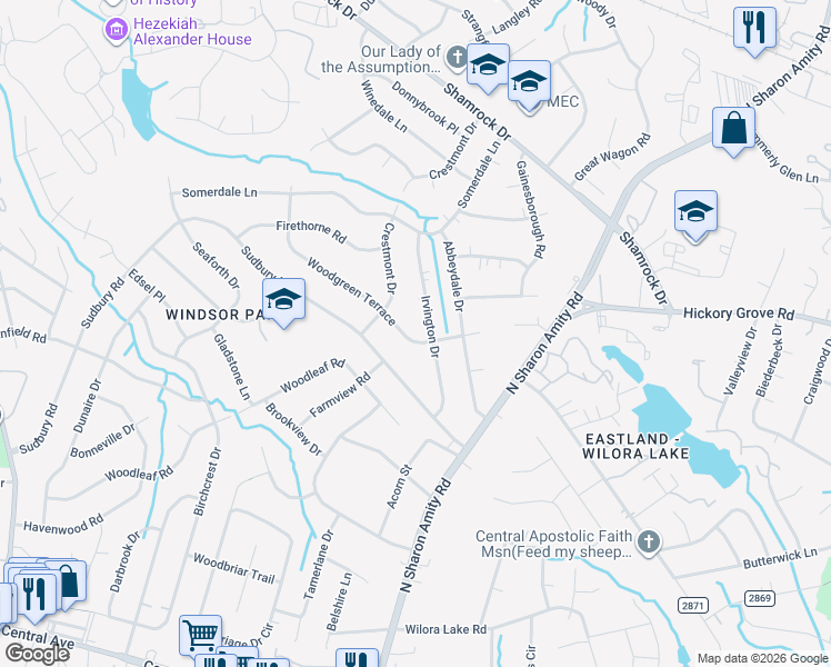 map of restaurants, bars, coffee shops, grocery stores, and more near 4124 Woodgreen Terrace in Charlotte