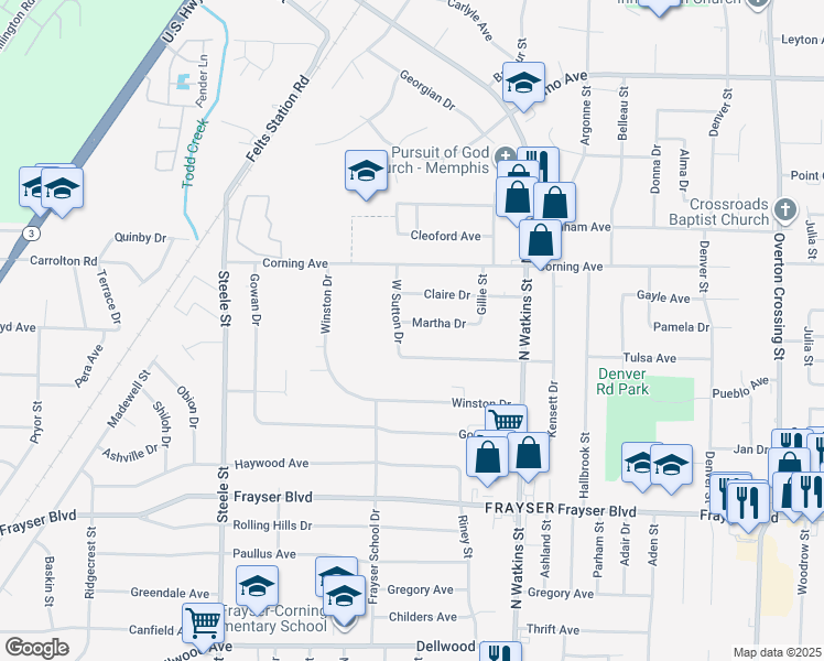 map of restaurants, bars, coffee shops, grocery stores, and more near 1681 Martha Drive in Memphis