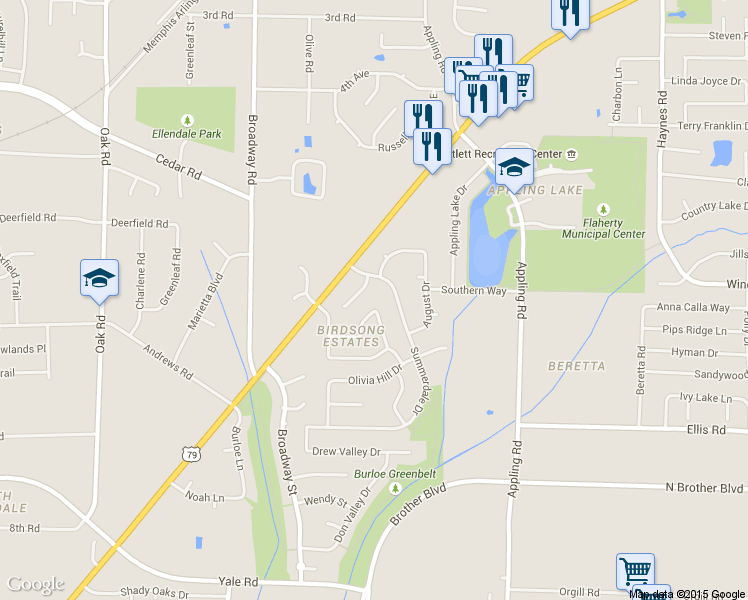 map of restaurants, bars, coffee shops, grocery stores, and more near 7490 Overcreek Lane in Memphis