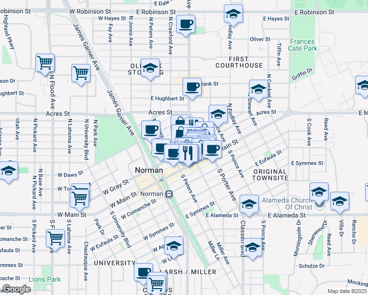 map of restaurants, bars, coffee shops, grocery stores, and more near 227 East Gray Street in Norman