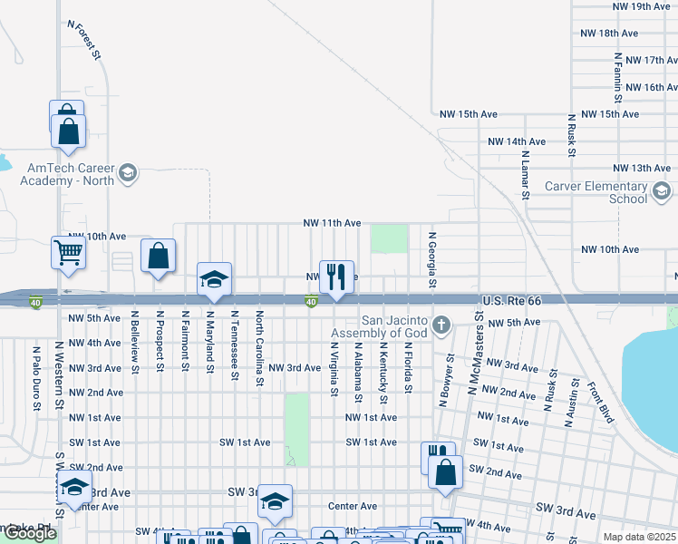 map of restaurants, bars, coffee shops, grocery stores, and more near 900 North Virginia Street in Amarillo