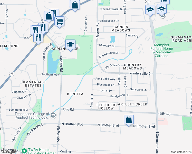 map of restaurants, bars, coffee shops, grocery stores, and more near 7826 Anna Calla Way in Memphis
