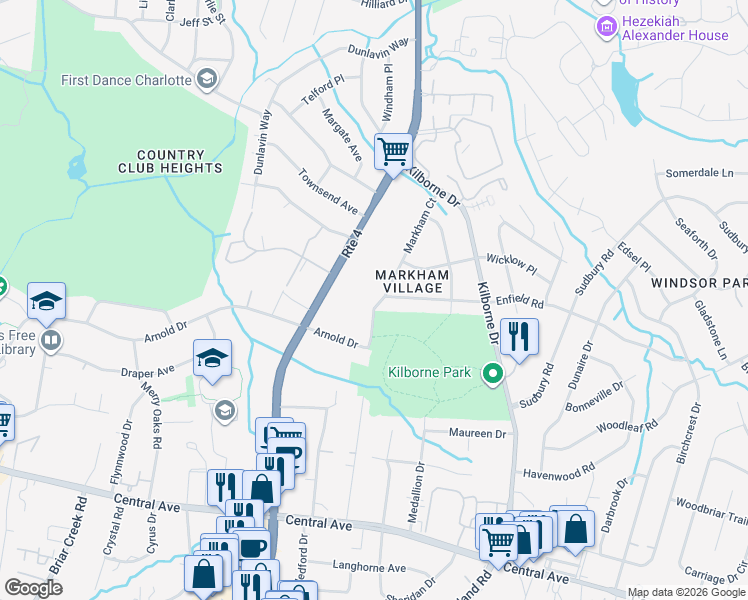 map of restaurants, bars, coffee shops, grocery stores, and more near 2414 Markham Court in Charlotte