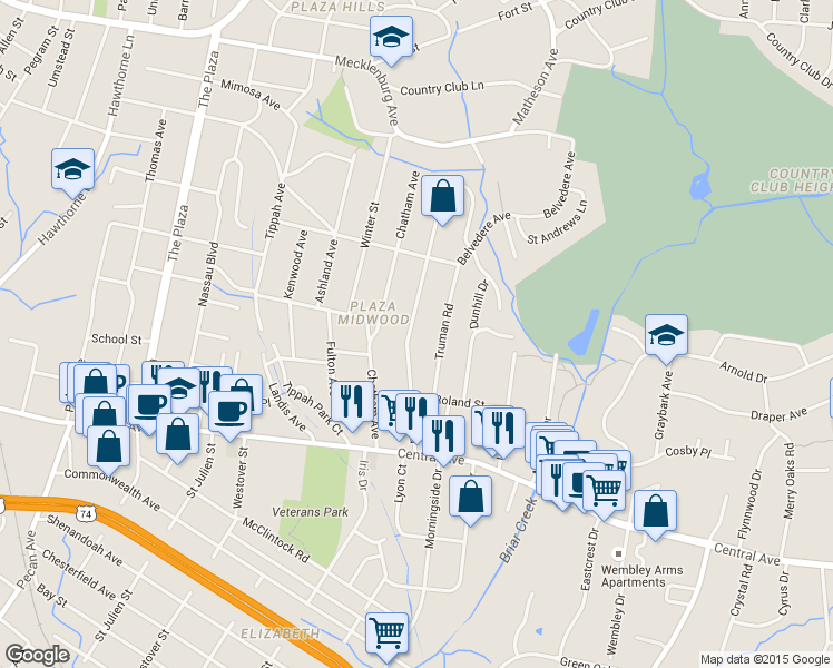 map of restaurants, bars, coffee shops, grocery stores, and more near 1815 Club Road in Charlotte