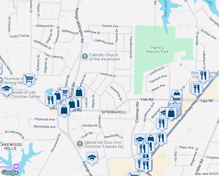 map of restaurants, bars, coffee shops, grocery stores, and more near 3561 Hanna Drive in Memphis
