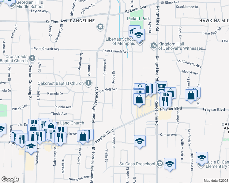 map of restaurants, bars, coffee shops, grocery stores, and more near 3563 Debby Drive in Memphis