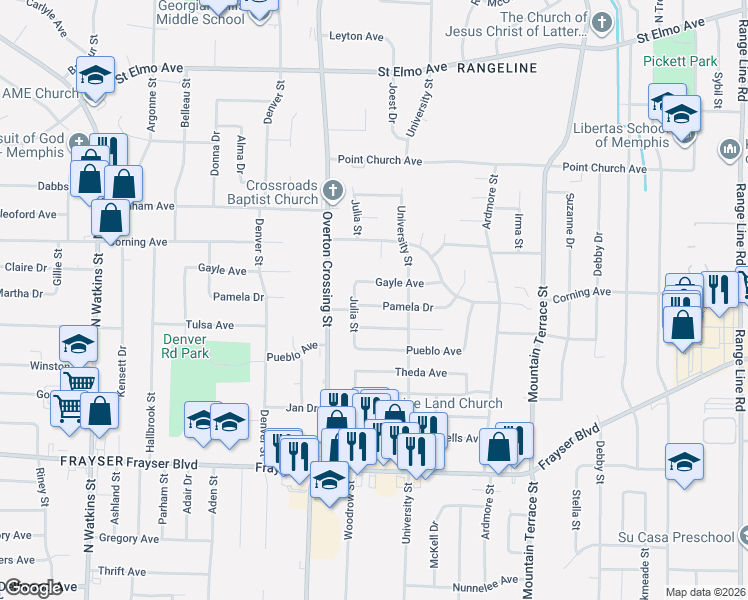 map of restaurants, bars, coffee shops, grocery stores, and more near 2176 Pamela Drive in Memphis