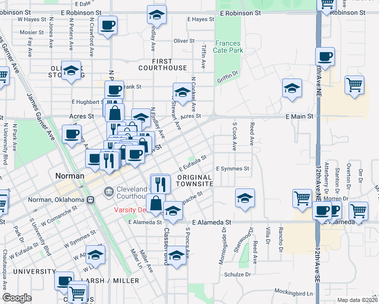 map of restaurants, bars, coffee shops, grocery stores, and more near 219 South Stewart Avenue in Norman