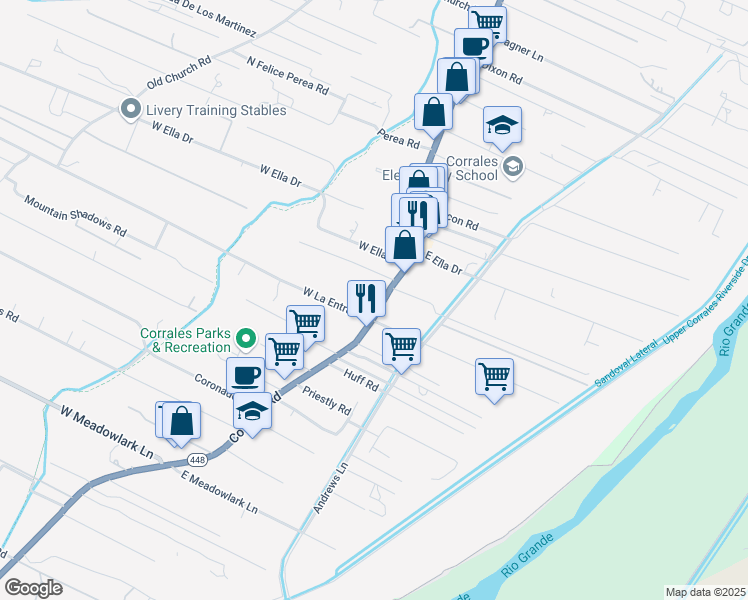 map of restaurants, bars, coffee shops, grocery stores, and more near 4341 Corrales Road in Corrales