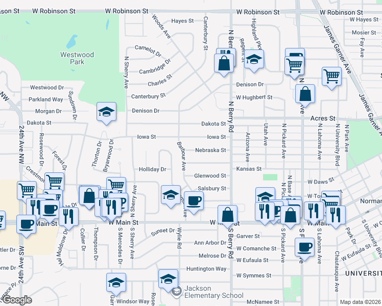 map of restaurants, bars, coffee shops, grocery stores, and more near 1406 Nebraska Street in Norman