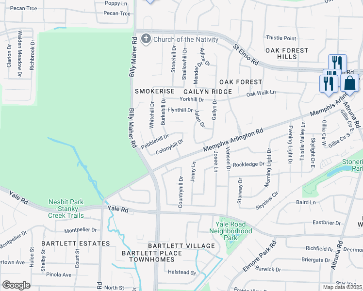 map of restaurants, bars, coffee shops, grocery stores, and more near 6090 Memphis Arlington Road in Memphis