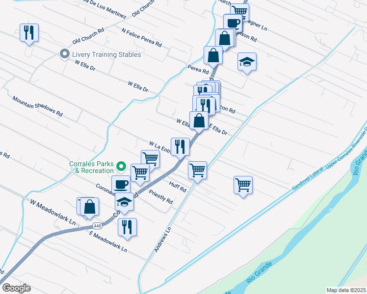 map of restaurants, bars, coffee shops, grocery stores, and more near 4341 Corrales Road in Corrales