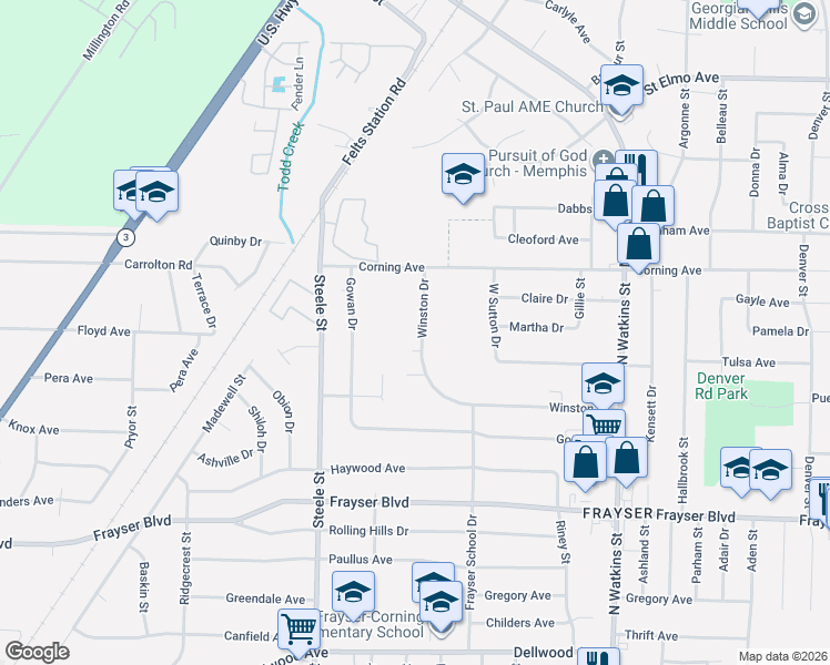 map of restaurants, bars, coffee shops, grocery stores, and more near 3579 Winston Drive in Memphis