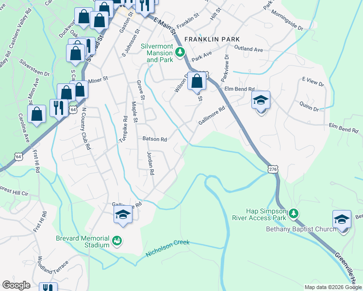 map of restaurants, bars, coffee shops, grocery stores, and more near 51 Tore's Drive in Brevard