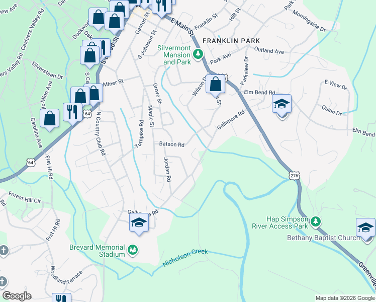 map of restaurants, bars, coffee shops, grocery stores, and more near 51 Tore's Drive in Brevard