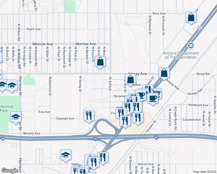 map of restaurants, bars, coffee shops, grocery stores, and more near 2959 Rhoades Avenue in Kingman