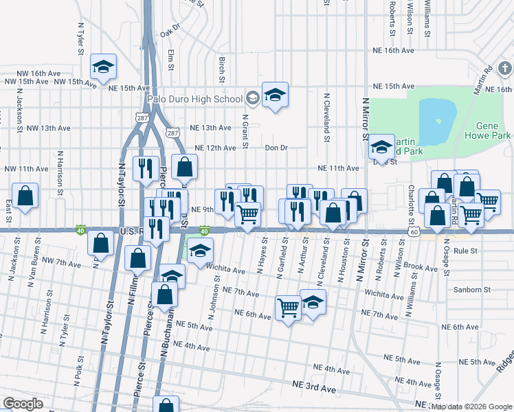 map of restaurants, bars, coffee shops, grocery stores, and more near 813 Northeast 9th Avenue in Amarillo