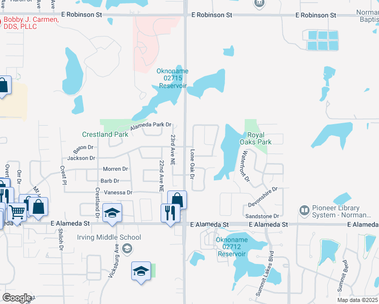 map of restaurants, bars, coffee shops, grocery stores, and more near 432 Lone Oak Drive in Norman