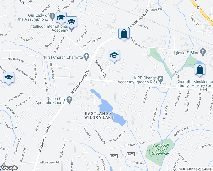 map of restaurants, bars, coffee shops, grocery stores, and more near 2611 Carya Pond Lane in Charlotte