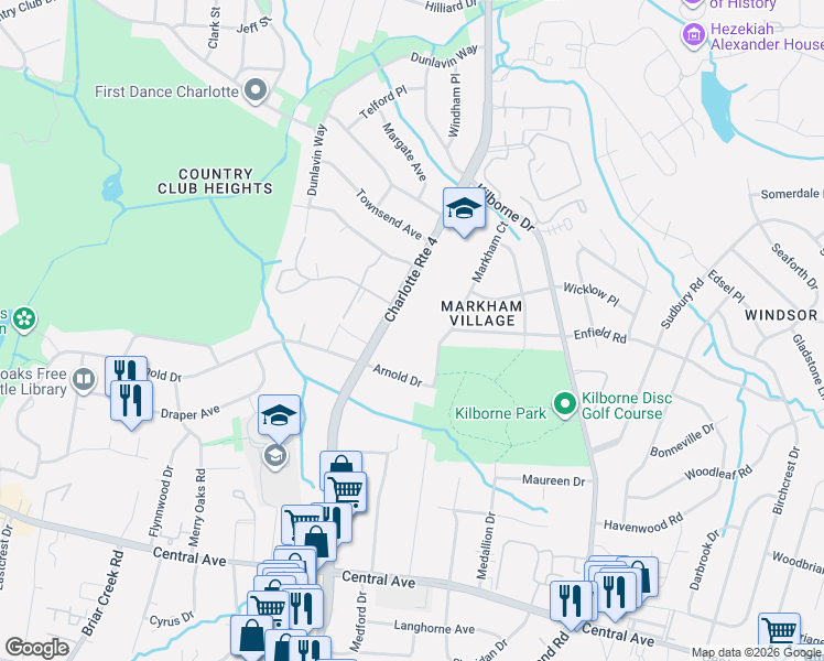 map of restaurants, bars, coffee shops, grocery stores, and more near 2539 Eastway Drive in Charlotte