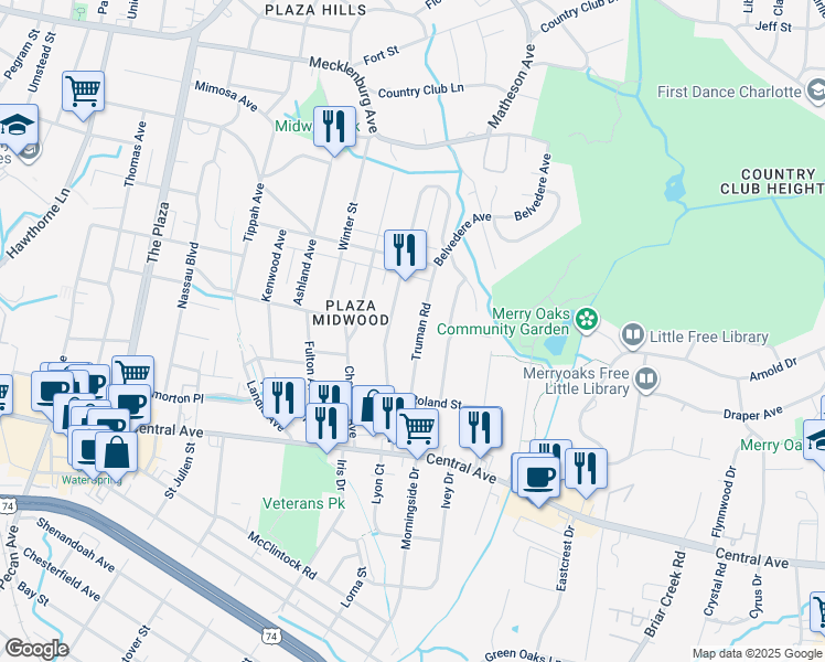 map of restaurants, bars, coffee shops, grocery stores, and more near 1820 Truman Road in Charlotte