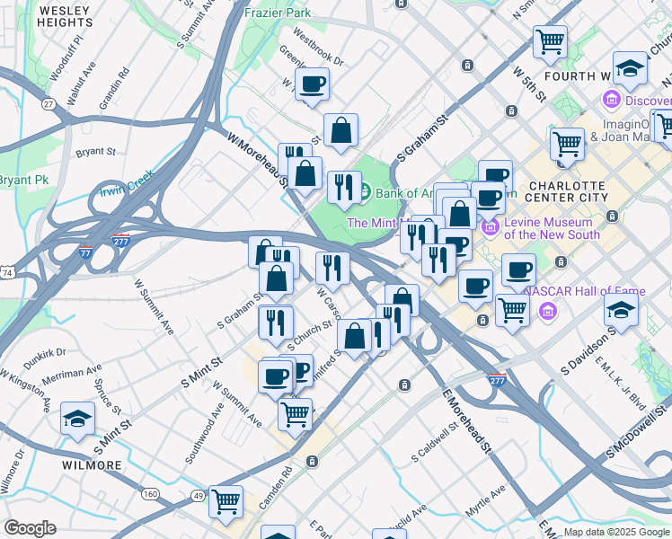 map of restaurants, bars, coffee shops, grocery stores, and more near 1017 South Mint Street in Charlotte