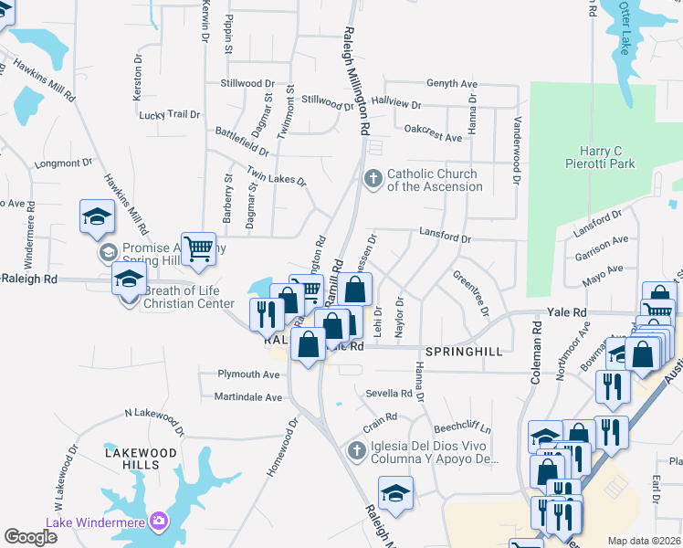 map of restaurants, bars, coffee shops, grocery stores, and more near 3568 Ramill Road in Memphis