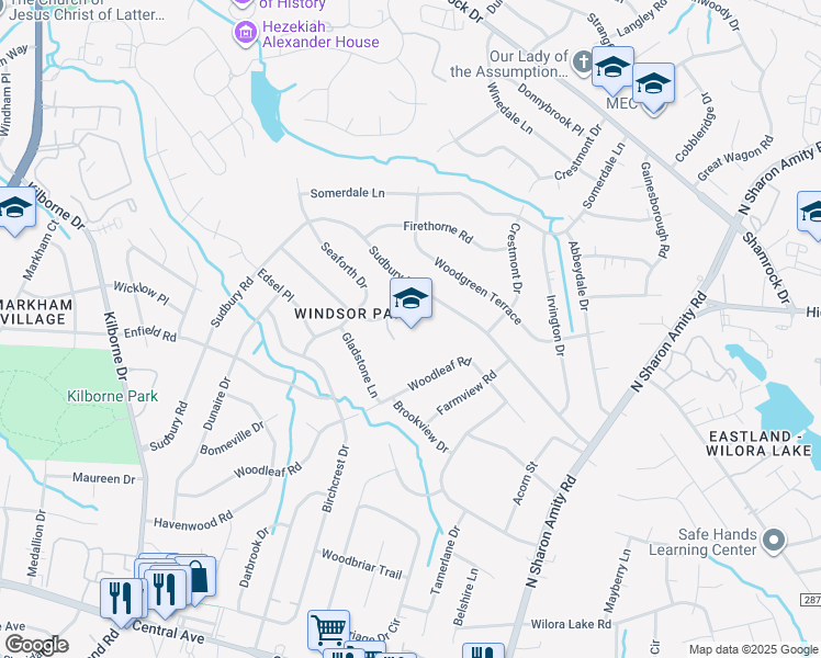 map of restaurants, bars, coffee shops, grocery stores, and more near 3910 Sudbury Road in Charlotte