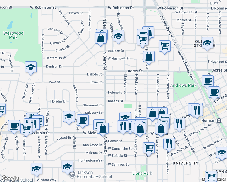 map of restaurants, bars, coffee shops, grocery stores, and more near 901 Nebraska Street in Norman