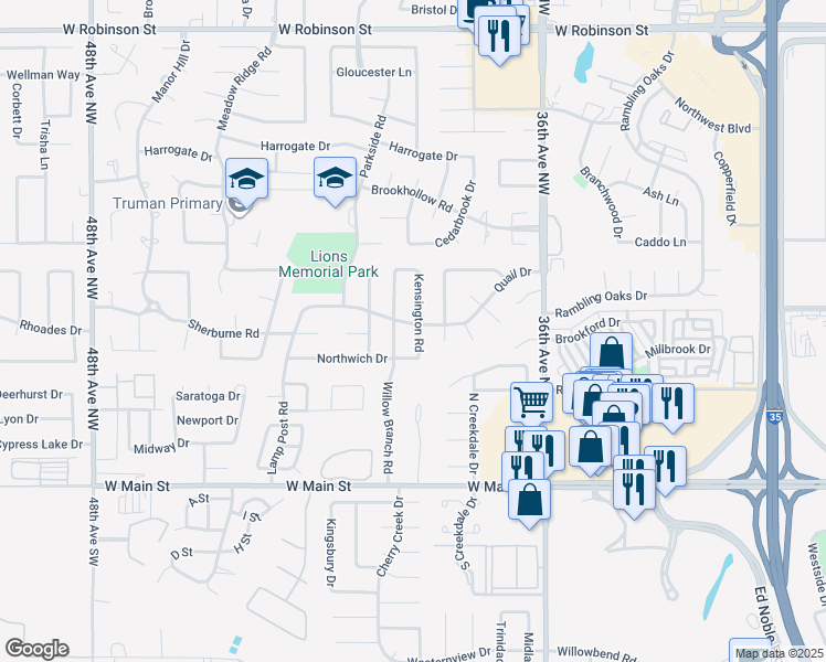 map of restaurants, bars, coffee shops, grocery stores, and more near 416 Kensington Road in Norman