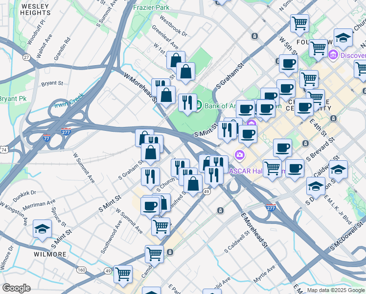 map of restaurants, bars, coffee shops, grocery stores, and more near 1017 South Mint Street in Charlotte