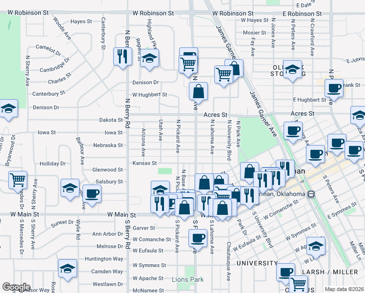 map of restaurants, bars, coffee shops, grocery stores, and more near 623 Nebraska Street in Norman