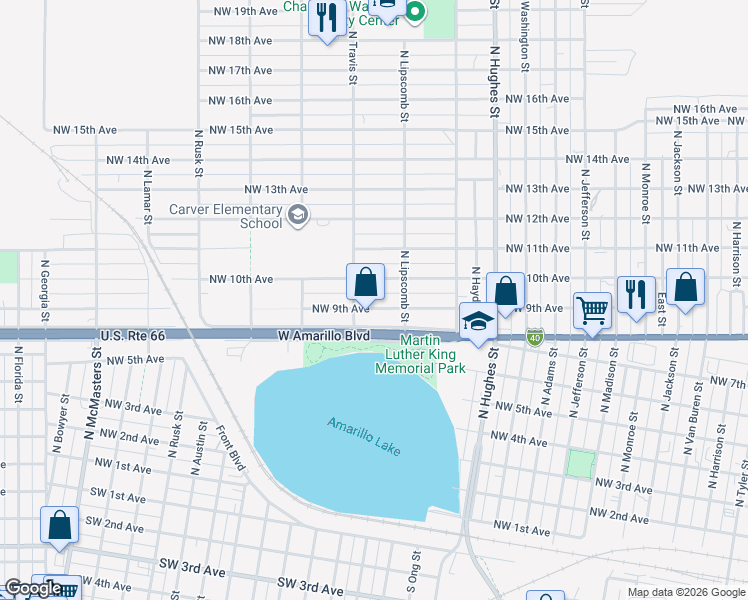 map of restaurants, bars, coffee shops, grocery stores, and more near 1401-1599 Northwest 9th Avenue in Amarillo