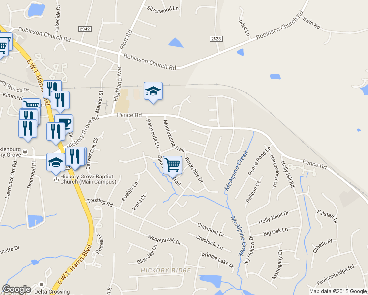 map of restaurants, bars, coffee shops, grocery stores, and more near 6538 Montezuma Trail in Charlotte
