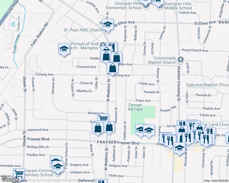 map of restaurants, bars, coffee shops, grocery stores, and more near 3560 North Watkins Street in Memphis