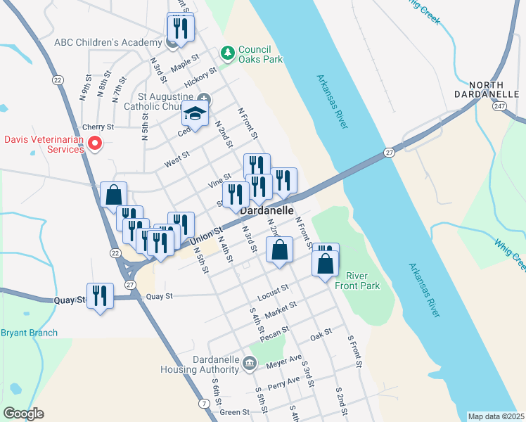 map of restaurants, bars, coffee shops, grocery stores, and more near 209 Union Street in Dardanelle
