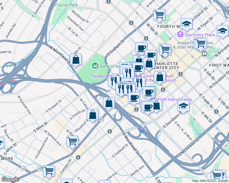 map of restaurants, bars, coffee shops, grocery stores, and more near 620 South Tryon Street in Charlotte