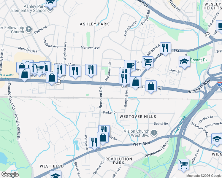 map of restaurants, bars, coffee shops, grocery stores, and more near 2459 Wilkinson Boulevard in Charlotte