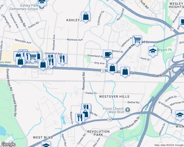 map of restaurants, bars, coffee shops, grocery stores, and more near 2459 Wilkinson Boulevard in Charlotte