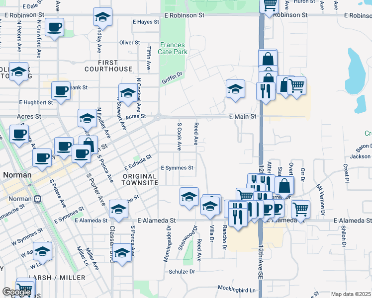 map of restaurants, bars, coffee shops, grocery stores, and more near 905 East Eufaula Street in Norman