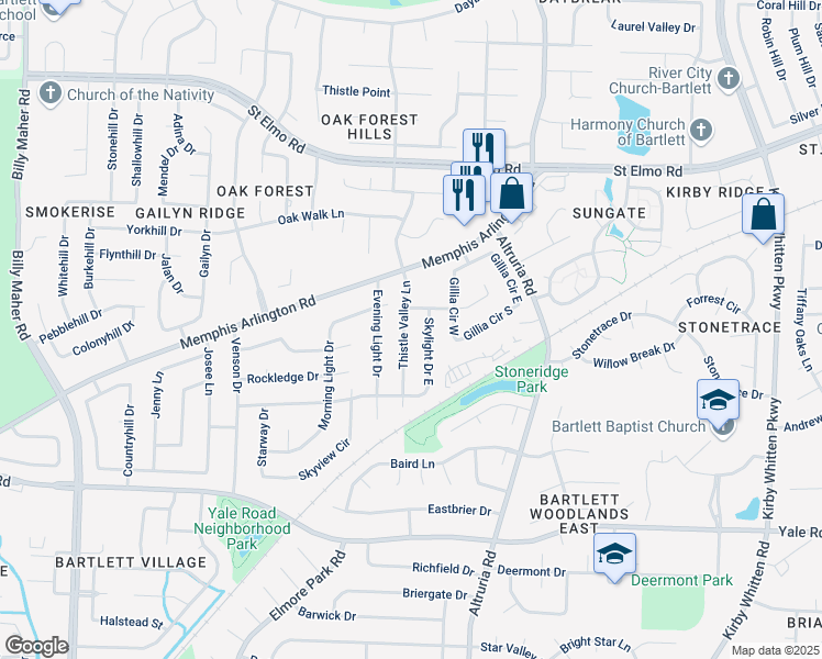 map of restaurants, bars, coffee shops, grocery stores, and more near 3574 Thistle Valley Lane in Memphis